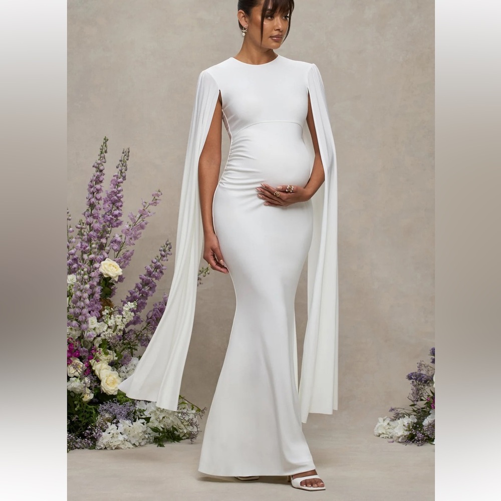 WHITE MATERNITY MAXI DRESS WITH CAPE SLEEVES